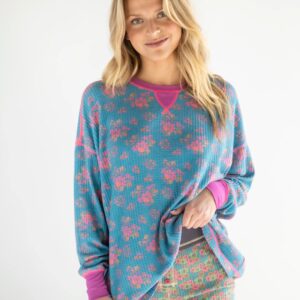 Mix & Match Waffle Pajama Top - Turquoise Floral Bouquets