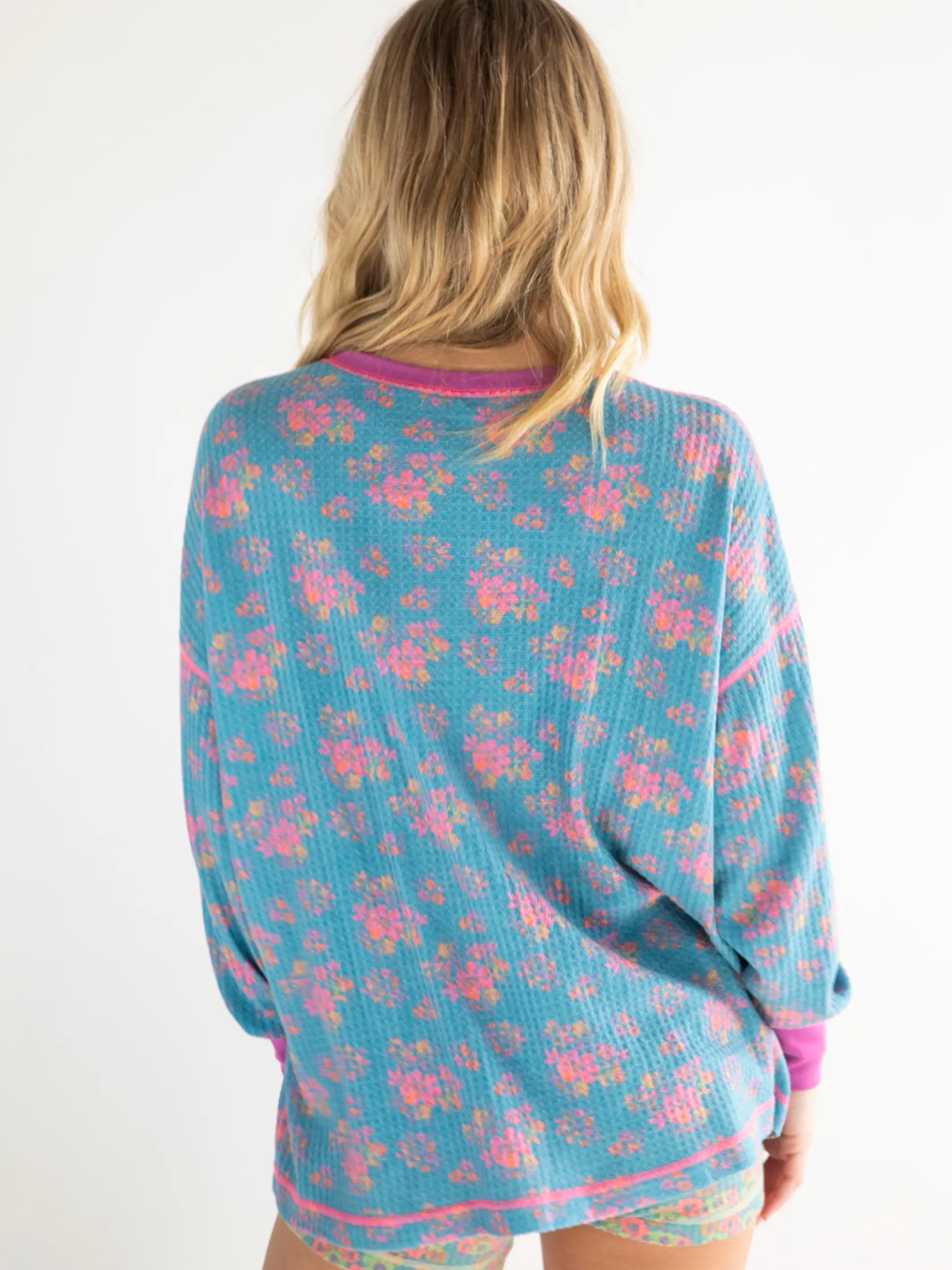 Mix & Match Waffle Pajama Top - Turquoise Floral Bouquets - Image 4