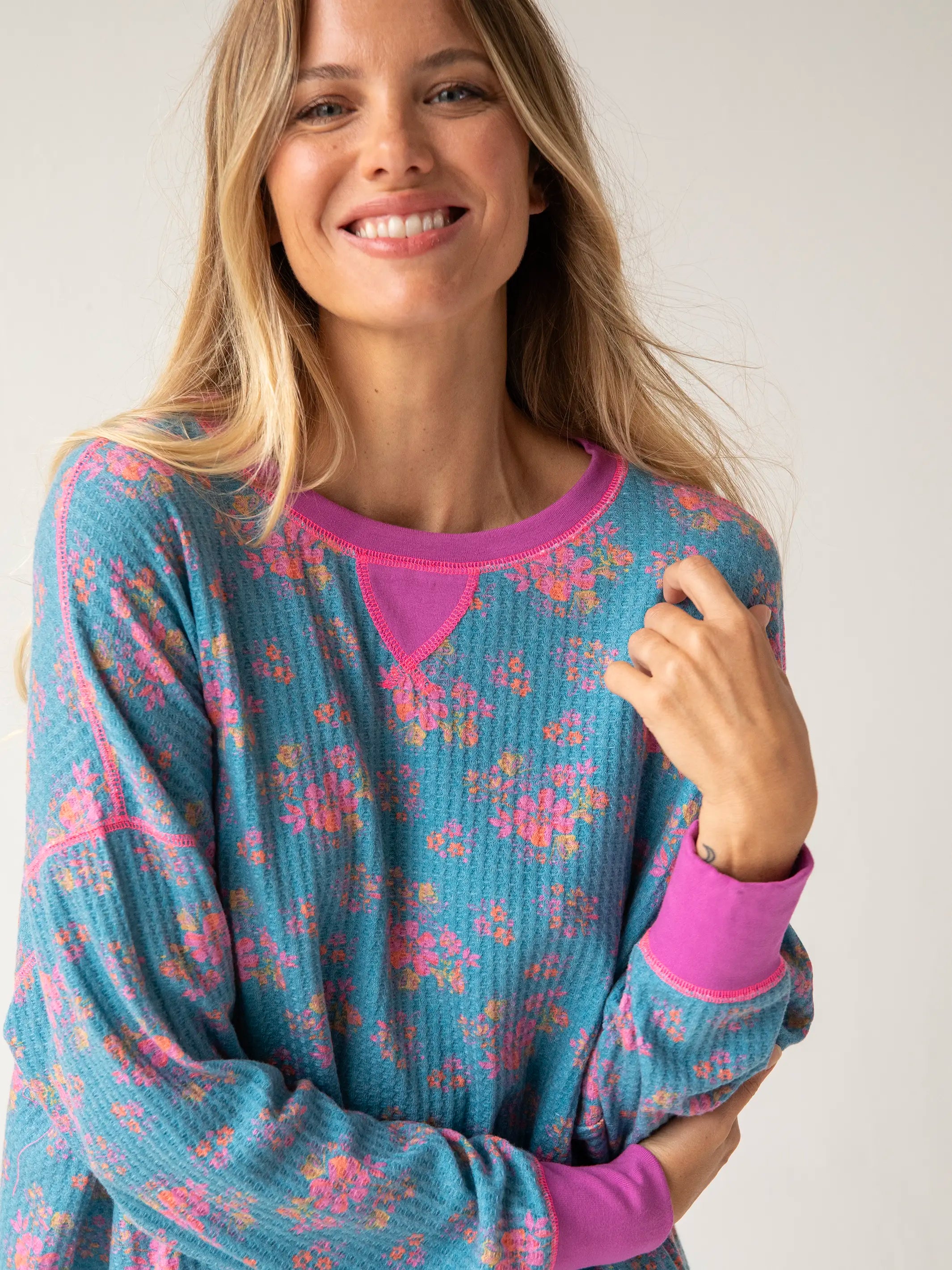 Mix & Match Waffle Pajama Top - Turquoise Floral Bouquets - Image 5