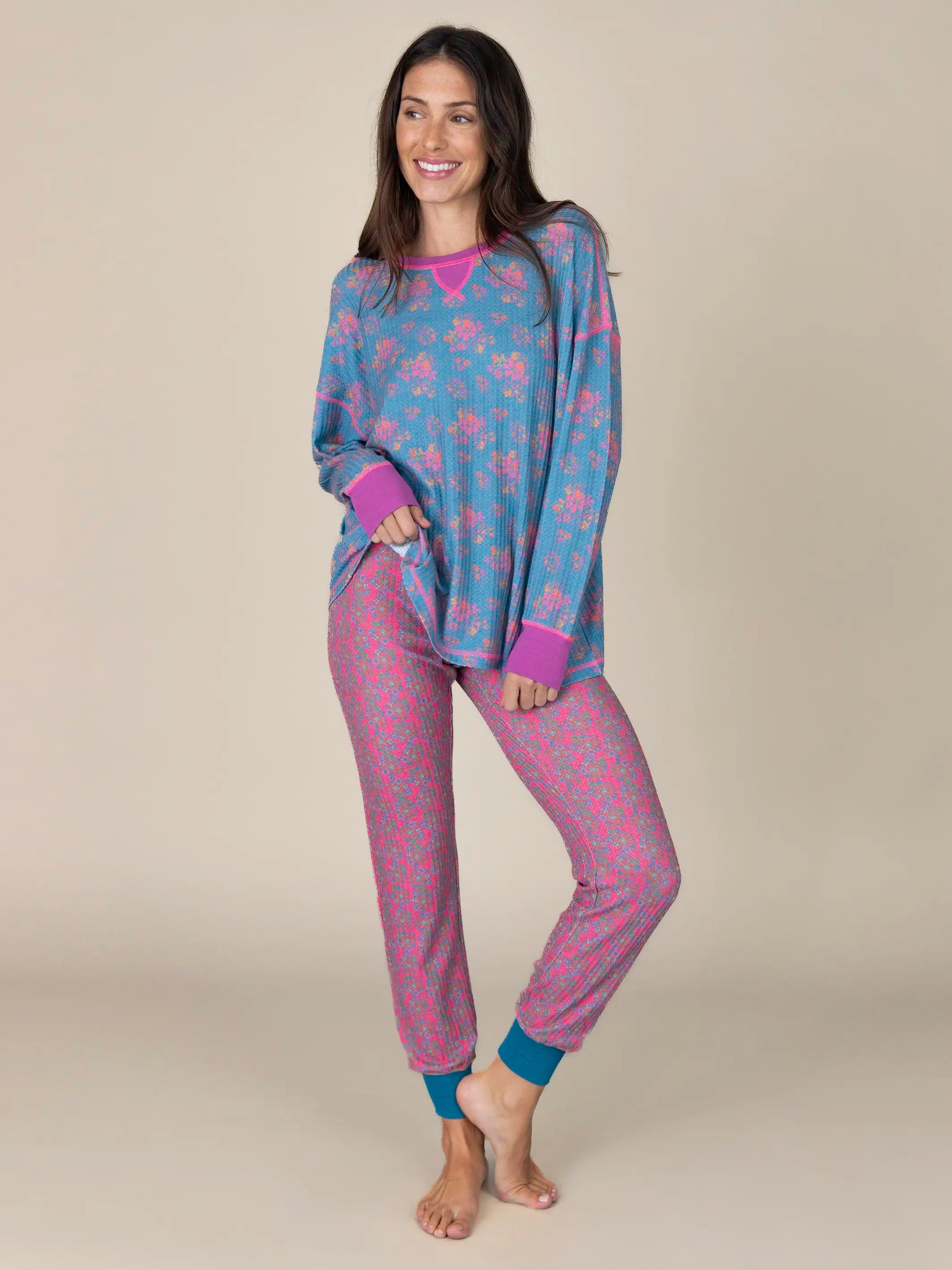 Mix & Match Waffle Pajama Top - Turquoise Floral Bouquets - Image 2