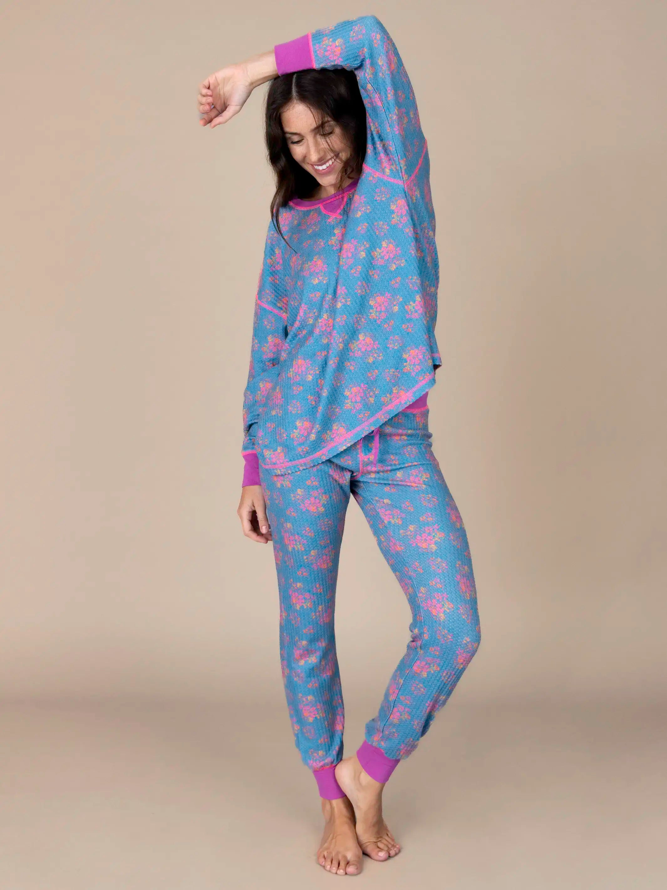 Mix & Match Waffle Pajama Top - Turquoise Floral Bouquets - Image 3