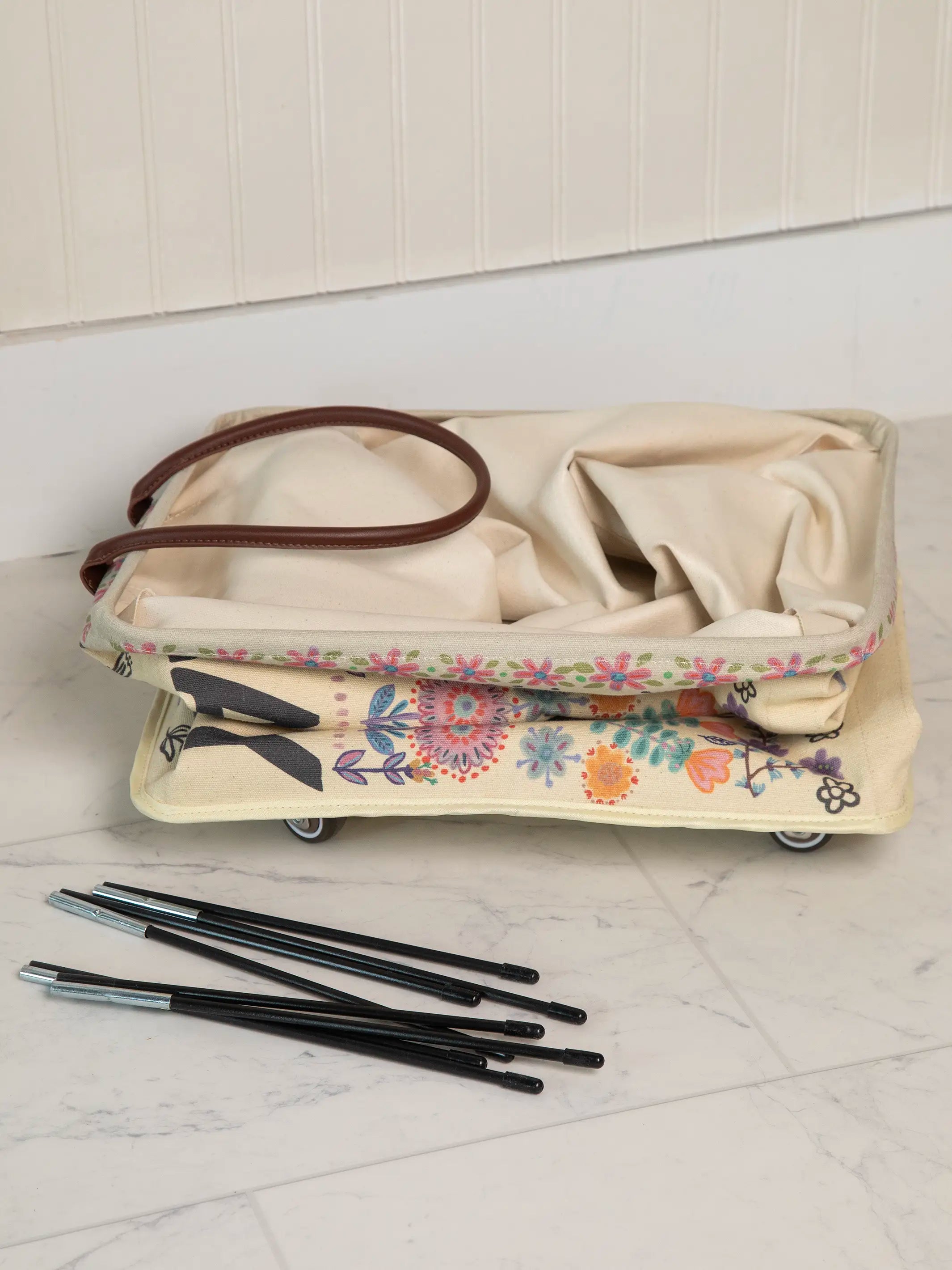 Rolling Laundry Hamper - Cream Folk Flower - Image 2