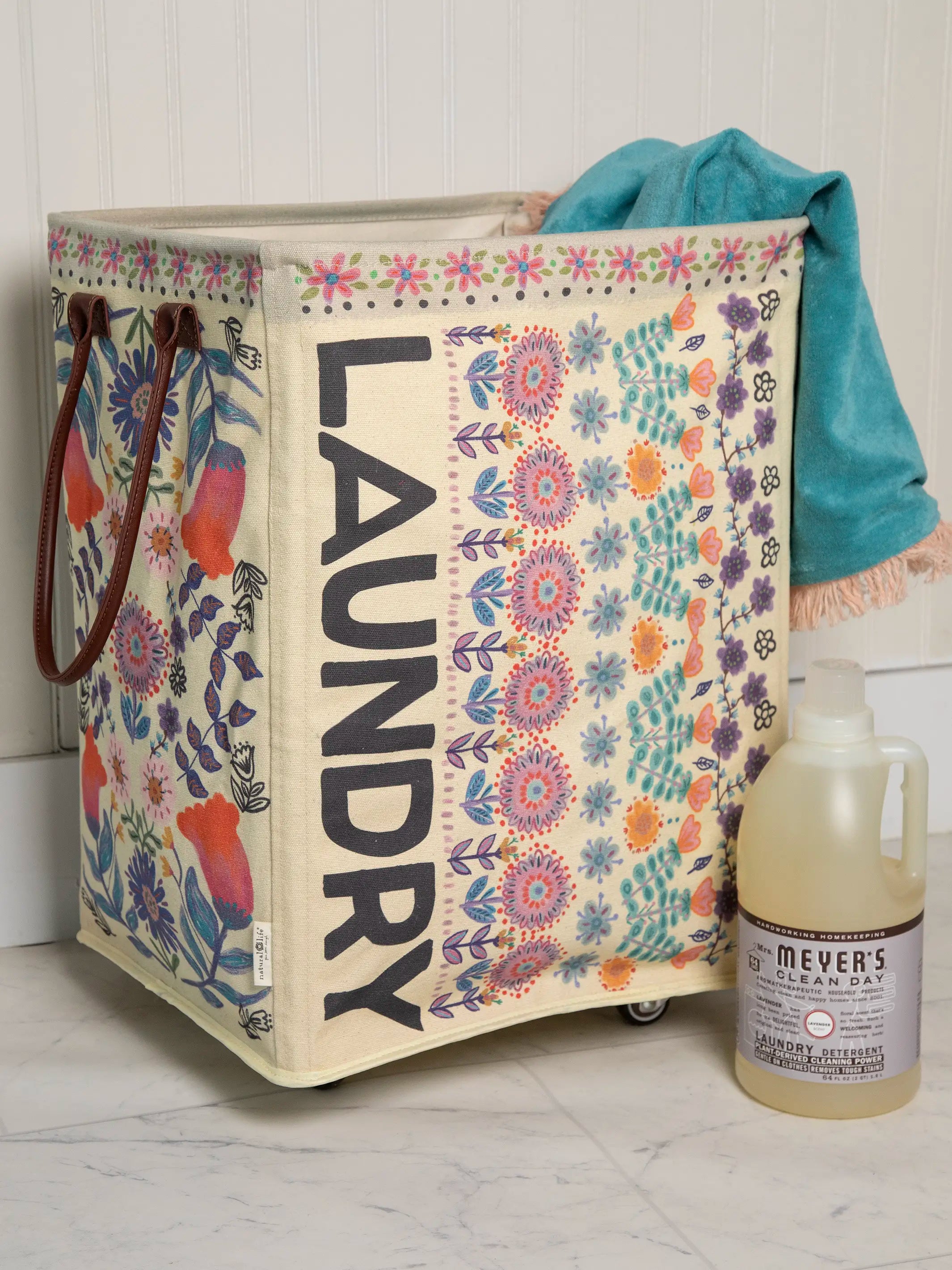 Rolling Laundry Hamper - Cream Folk Flower
