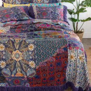Boho Fringe Bedspread - Blue Patchwork