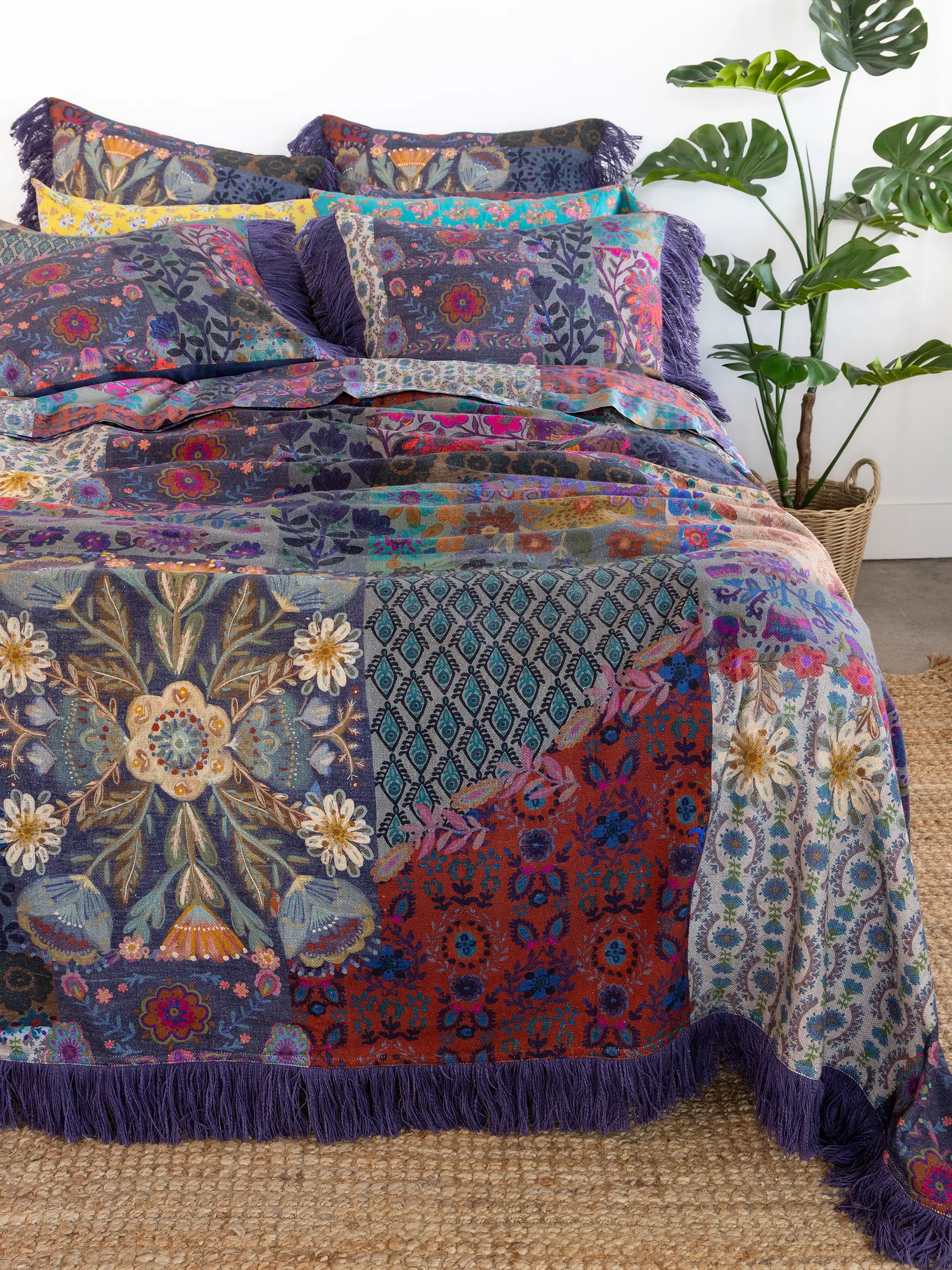Boho Fringe Shams, Set of 2 - Blue Patchwork - Image 3