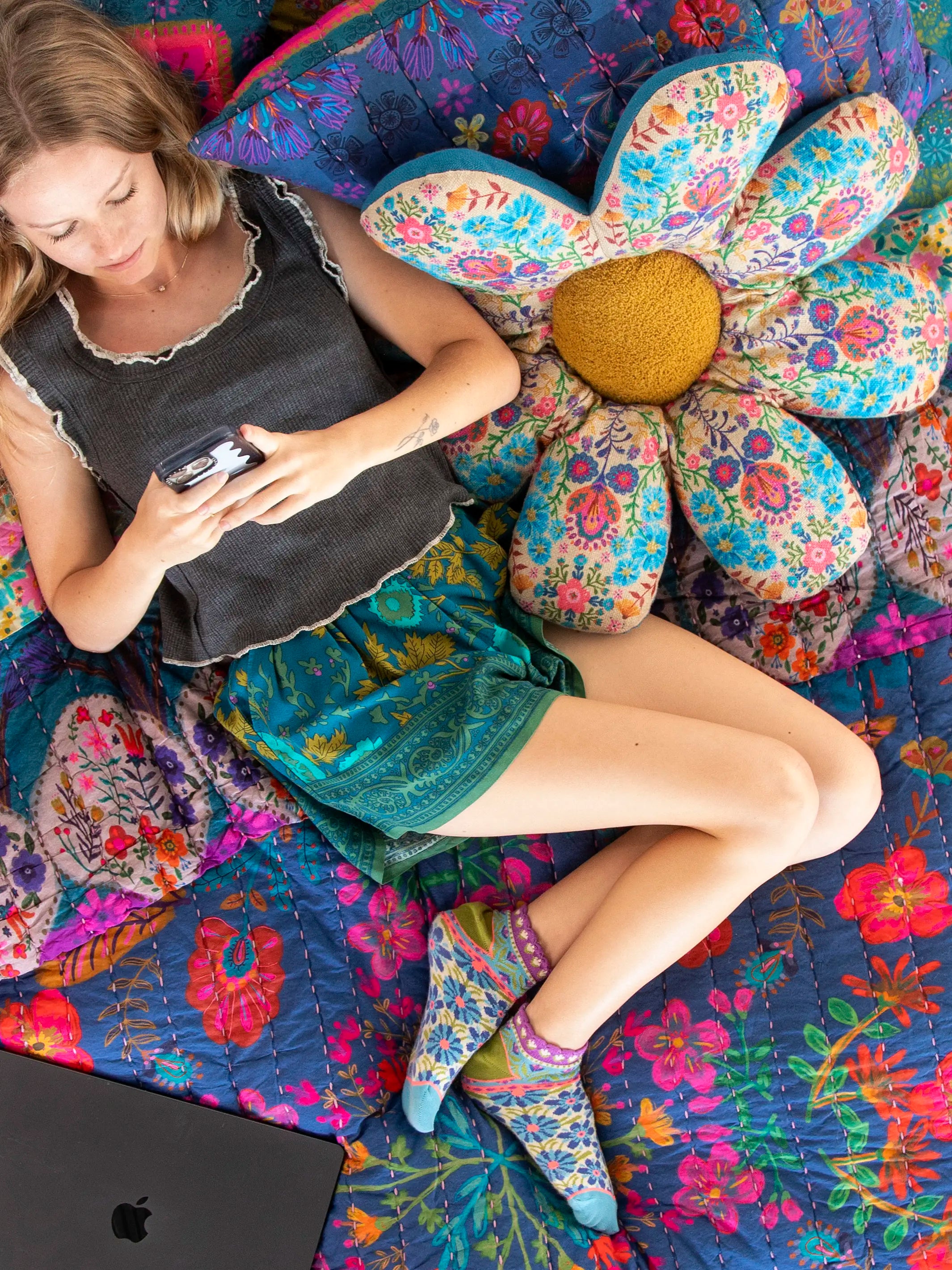 Boho Cotton Flower Cushion - Cream Folk Flower - Image 4