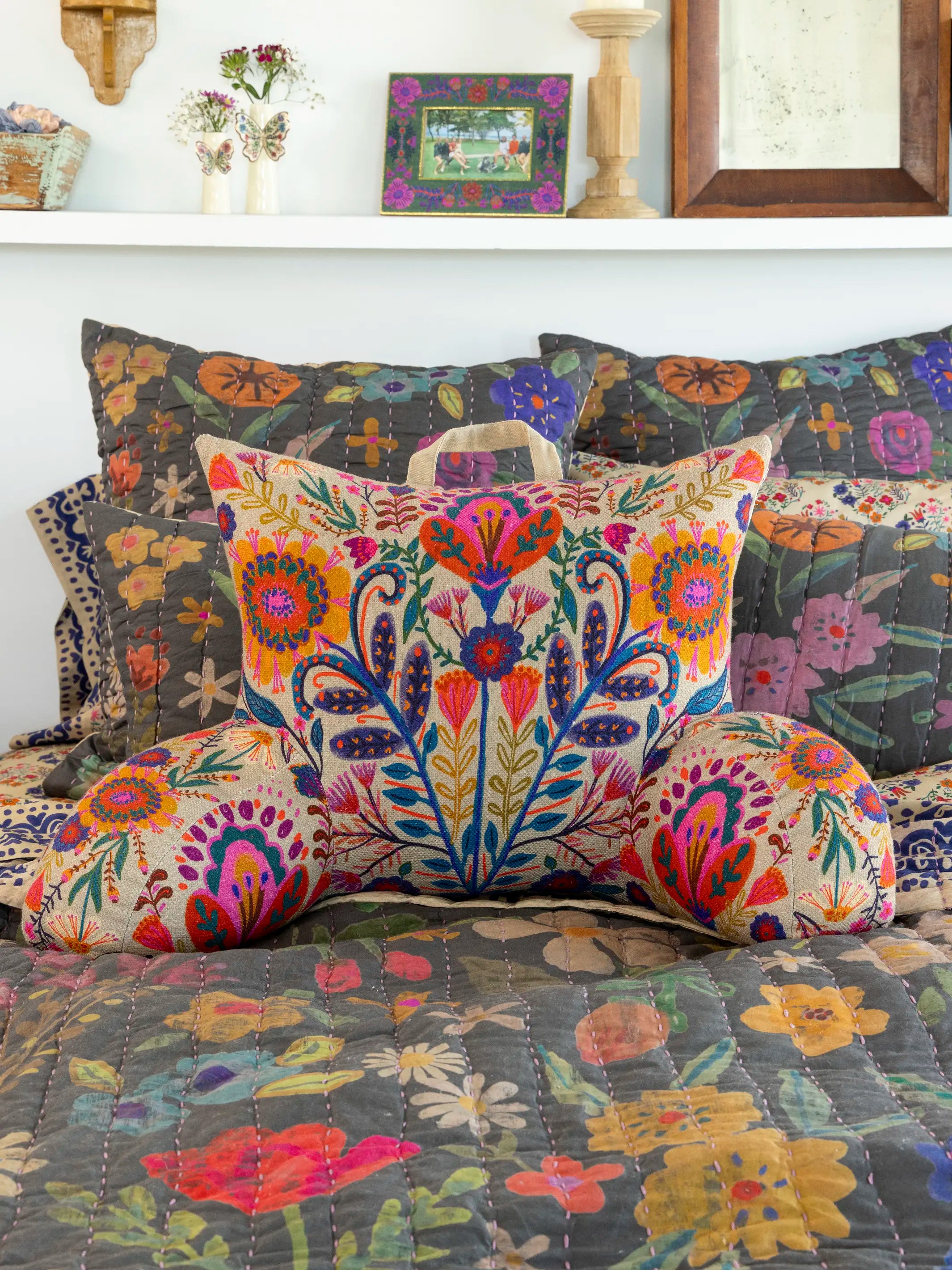 Boho Backrest Pillow - Cream Folk Flower