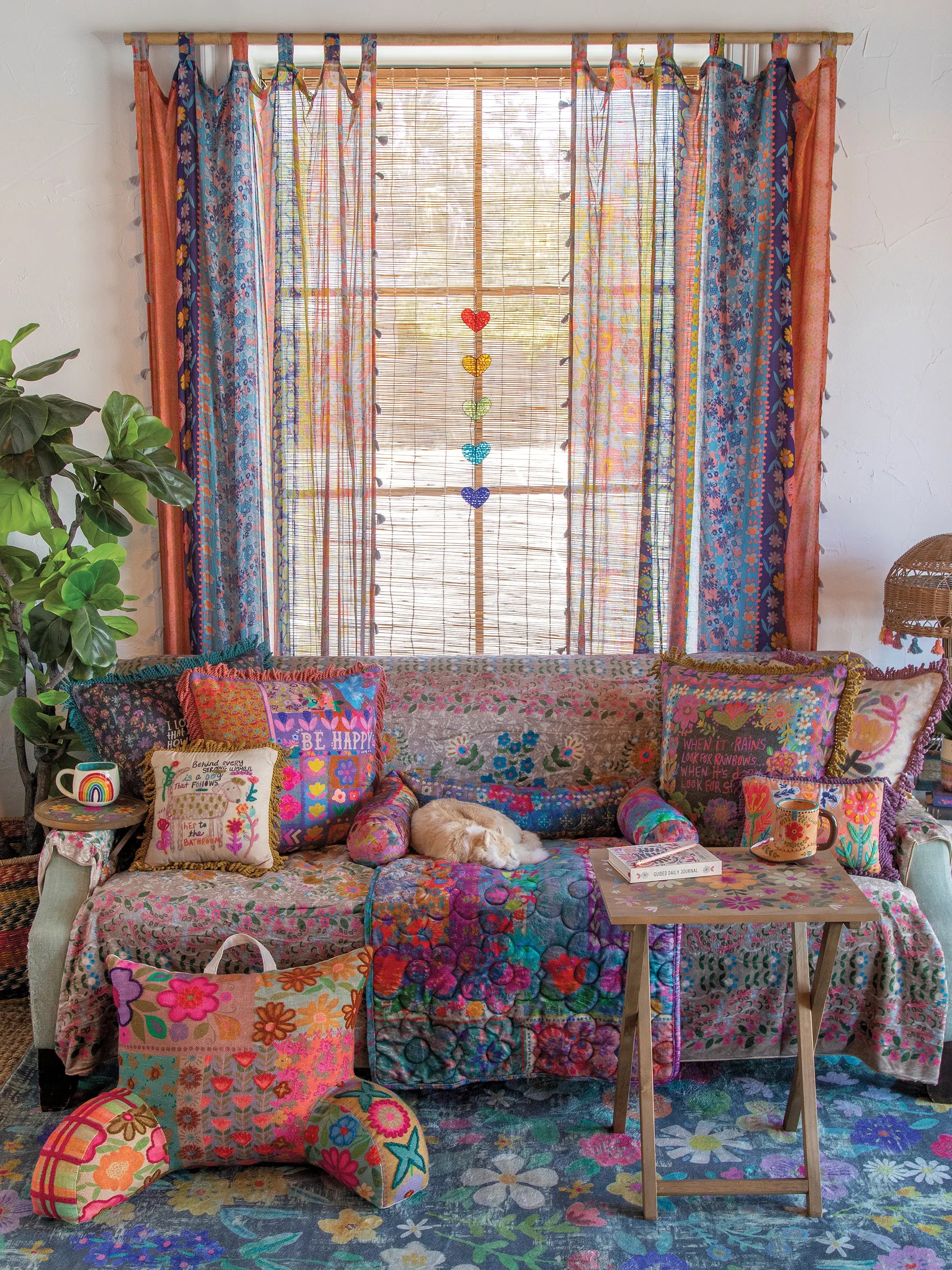 Printed Curtain Panel - Coral Pink Teal - Image 5