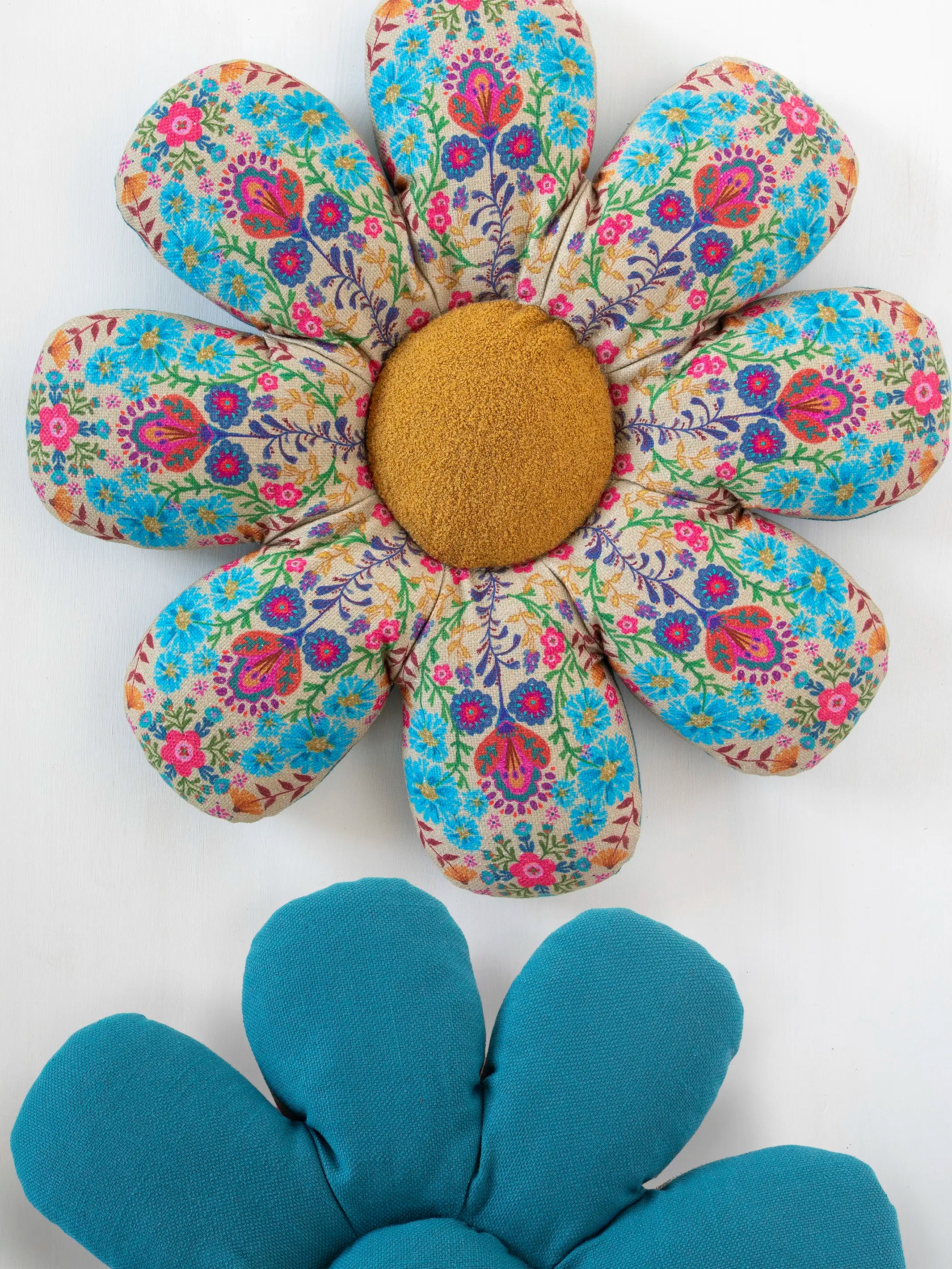 Boho Cotton Flower Cushion - Cream Folk Flower - Image 2