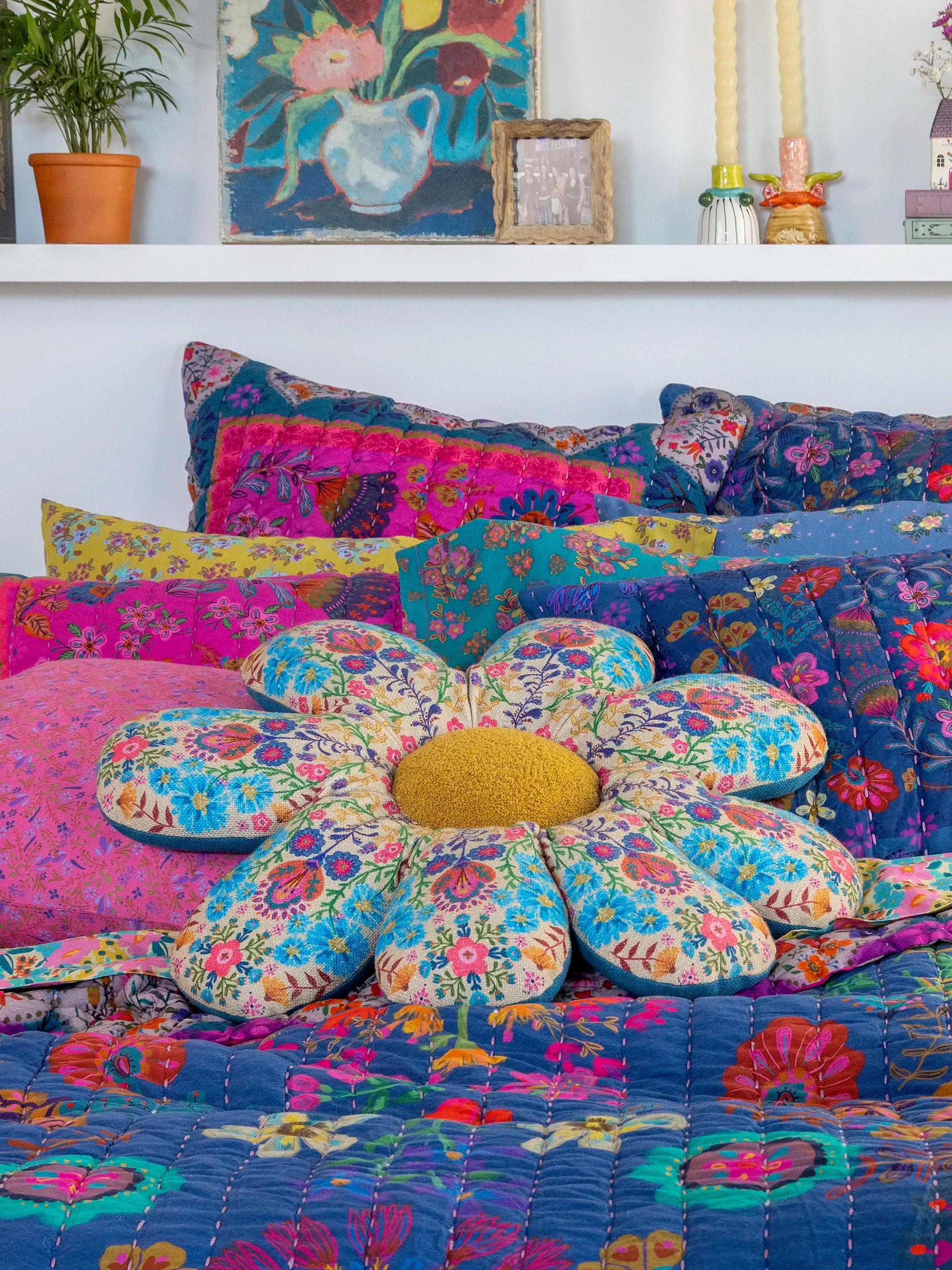 Boho Cotton Flower Cushion - Cream Folk Flower - Image 3