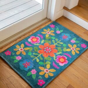 Chenille Rug, 2' x 3' - Teal Folk Floral
