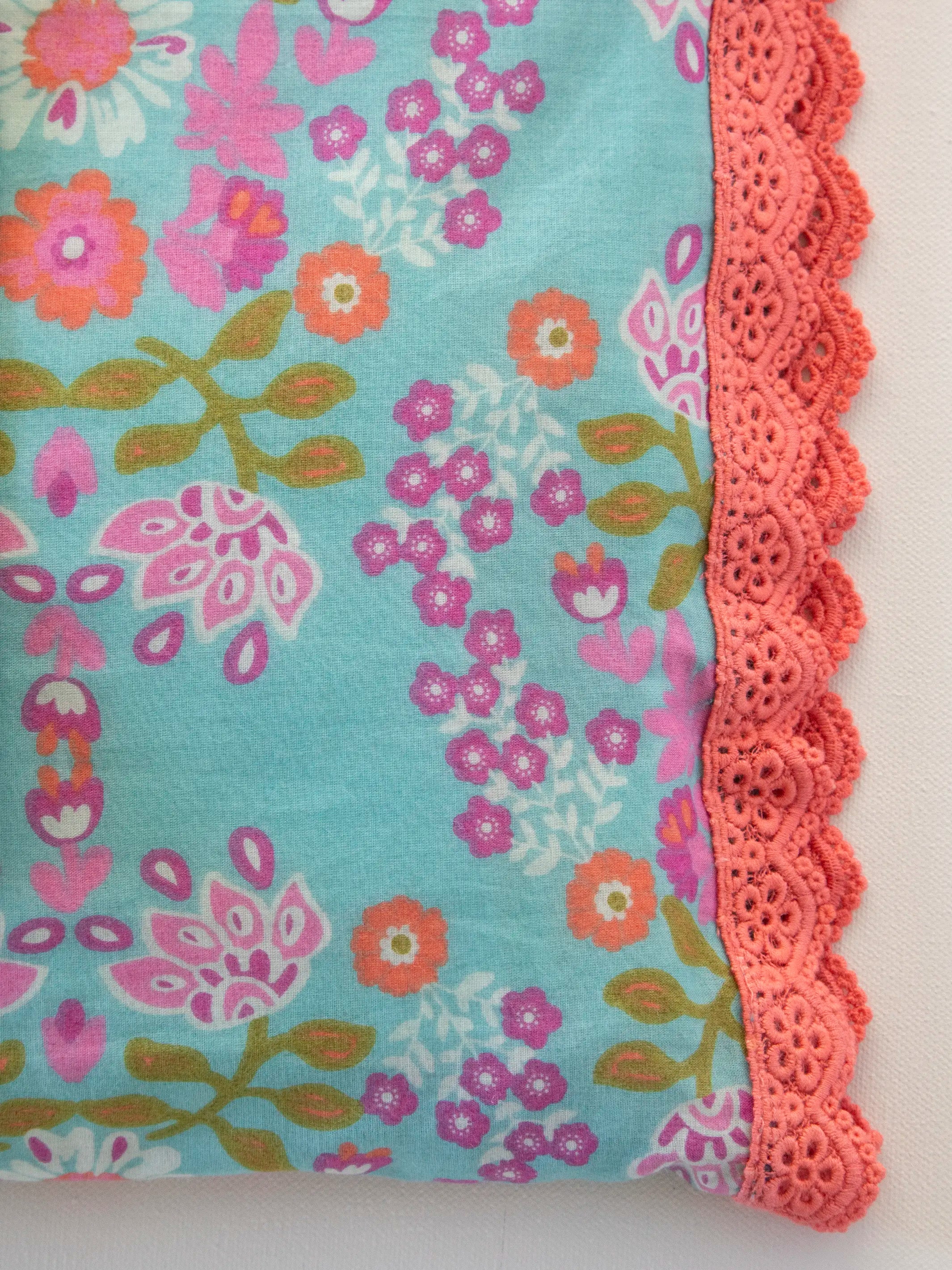 Mix & Match Trim Cotton Pillowcase - Turquoise Motif