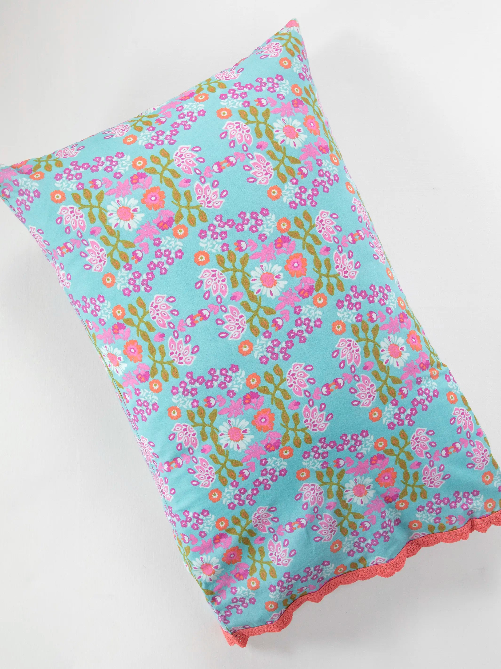 Mix & Match Trim Cotton Pillowcase - Turquoise Motif - Image 2