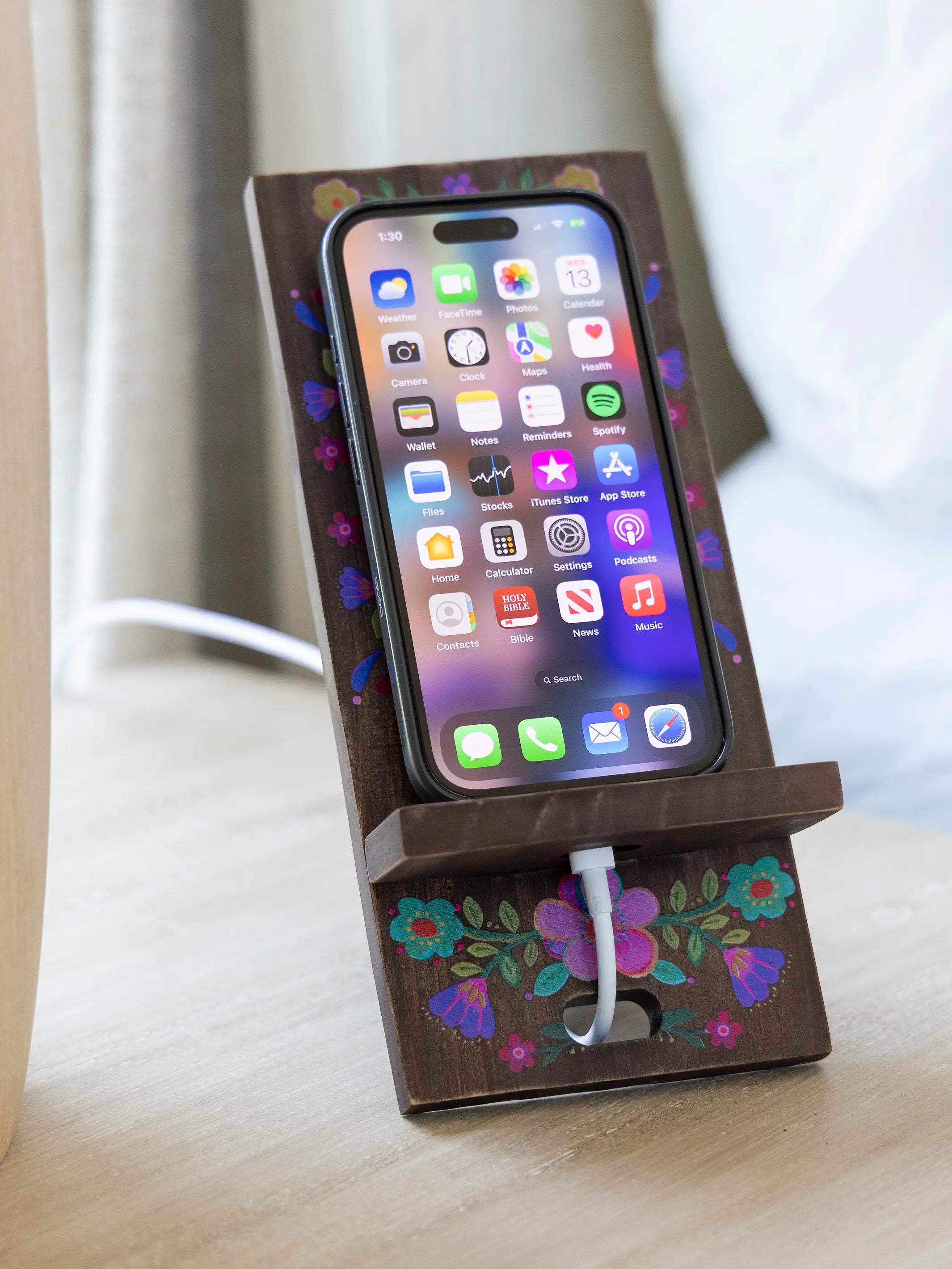 Wooden Phone Stand - Cocoa Folk Flower - Image 2